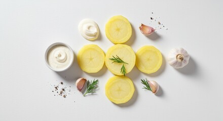 Boiled sliced potatoes with garlic peppercorns and dill arranged on white background with sour cream