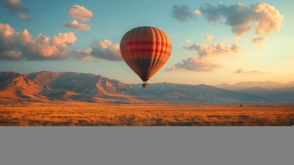Obraz premium Hot air balloon over a golden landscape at sunset. Vast mountains and clouds frame the scene