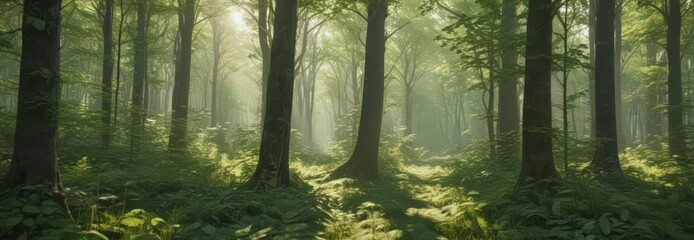 Naklejka premium Soft, unfocused green forest, light filtering through leaves, light, background