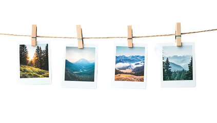 Polaroid Photos of Trees and Mountains on a Clothesline