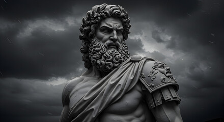 Dramatic Monochrome Sculpture of Bearded Man with Curly Hair Draped in Stone Garment Against a Cloudy Sky