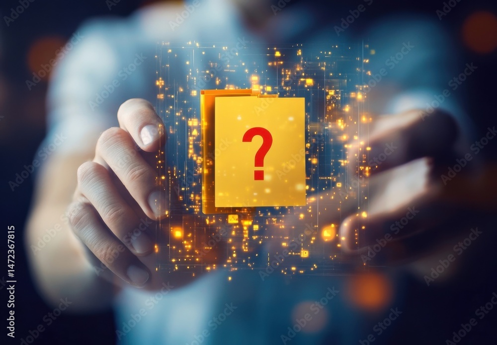 Poster Person holding a glowing digital question mark on a yellow sticky note, representing uncertainty or problem-solving in a technological context. : Generative AI