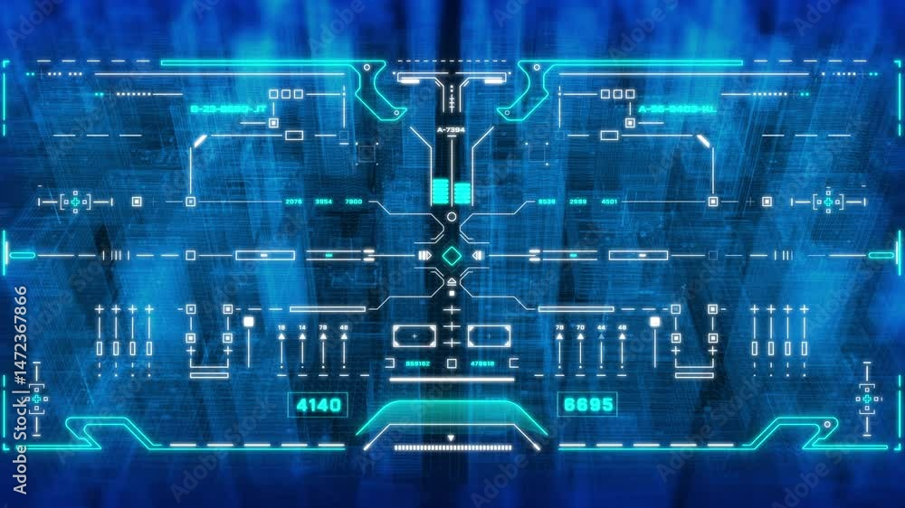 Fototapete Technology HUD Screen Visual Data Tracker Aerial View Fly Through Over Blue Digital Building Processing System 4K Motion.
