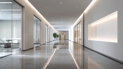 Obraz premium Modern Corporate Hallway with Sleek Floors and Meeting Rooms