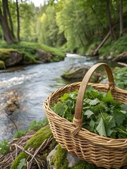 wicker basket of green leaves beside a forest