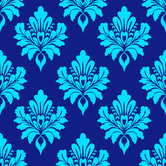 Damask seamless pattern with light blue flowers, vector illustration elegant for textile, wall paper, curtains, cushion cover, rug, scarf, upholstery fabric, decoration, vintage, luxury design