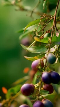 Clusters of exotic, vibrant Jambul fruits hanging amongst verdant leaves in soft sunlight, creating a natural and inviting composition.