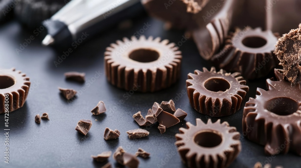 Poster close-up of dark chocolate gears and shavings on a dark surface, suggesting a confectionery or culin