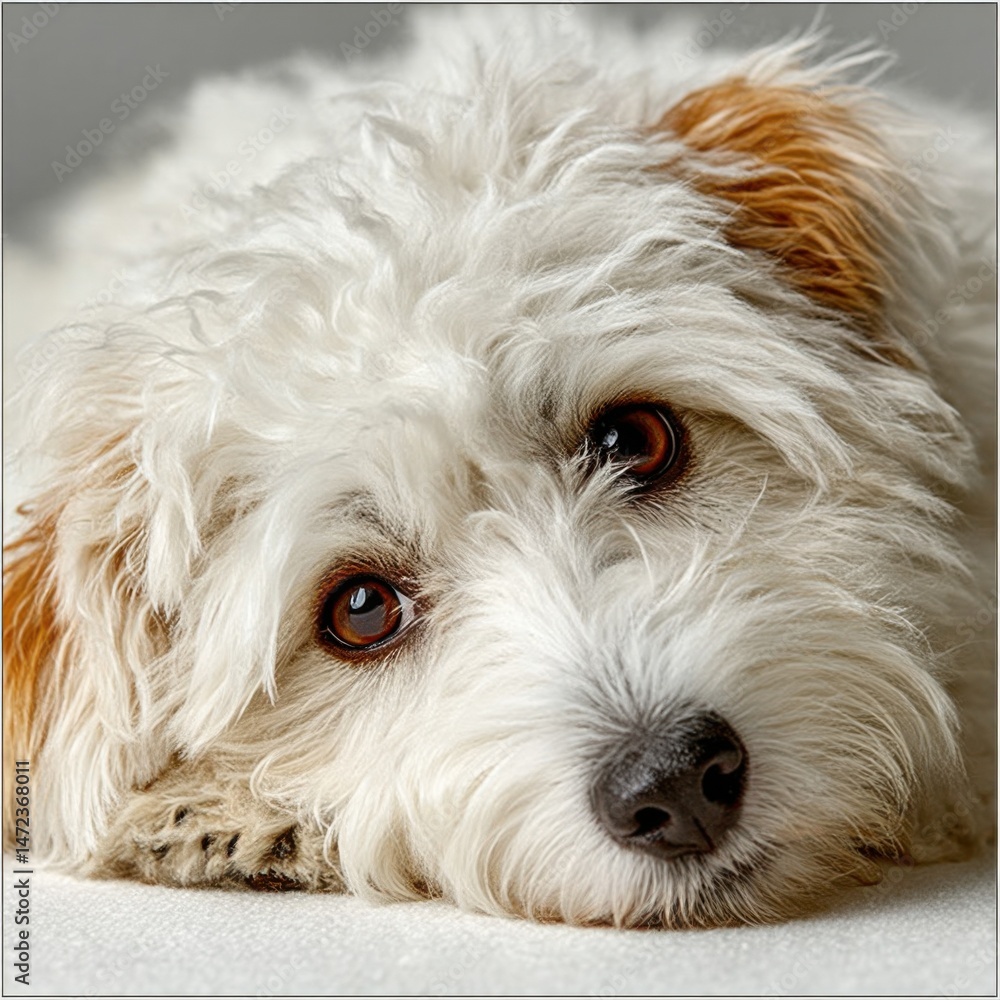 Aufkleber close-up portrait of an adorable fluffy white dog with brown eyes, resting its head on a light surfa