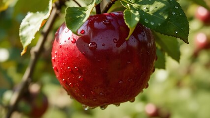 Juicy Red Apple Hanging in Orchard Tree