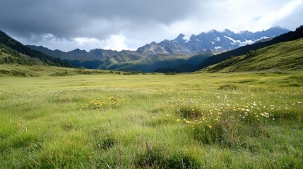 Serene mountain meadow landscape with wildflowers blooming under a partly cloudy sky, showcasing a picturesque valley and majestic snow-capped peaks in the distance. : Generative AI