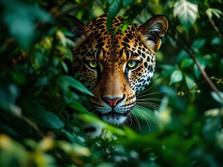 Jungle Cat Peeking Through Dense Vegetation
