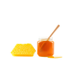 Honeycomb Slice And Honey Jar 3d Render, A Delicious Treat. Sweet Honeycomb, Fresh Honey. Isolated On White, Simple Background. Perfect For Recipes, Nutrition, And Food Illustrations.