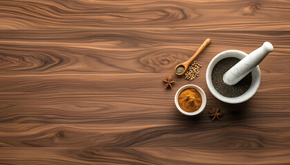 Fototapeta premium Spices with mortar, and wooden background.