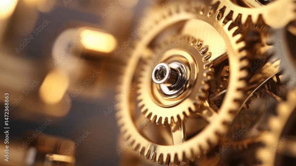 Poster Close-up view of intricate golden gears intermeshing, showcasing precision engineering and mechanical complexity.  The metallic sheen and detailed craftsmanship are highlighted. : Generative AI