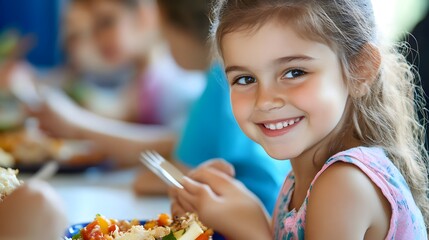 Children eating healthy meals at a school program promoting food security
