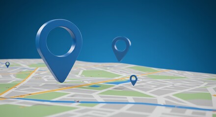 Map with location pin markers on road