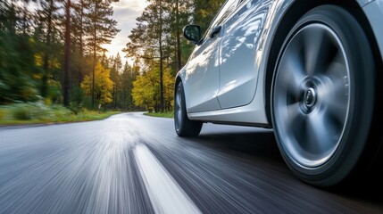A silver car speeds along a winding road through a vibrant autumn forest, the motion blur emphasizing the feeling of rapid travel and the beauty of the season. : Generative AI