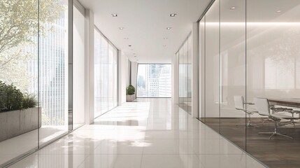 Bright and Clean Hallway with Window View into Modern Meeting Space