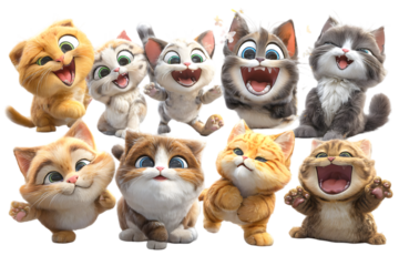 Adorable collection of cute cartoon kittens happy smiling playful poses digital art illustration cat pet on transparent background