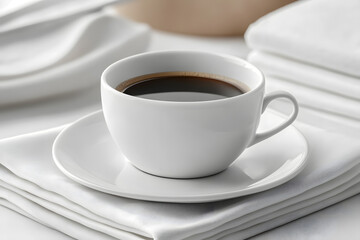 cup of black coffee in a simple ceramic cup and saucer, placed atop a folded white linen napkin