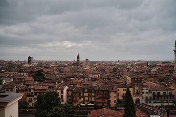 Stunning panoramic view of Verona, Italy, showcasing the city's historic skyline, ancient architecture.