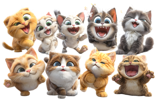Adorable collection of cute cartoon kittens happy smiling playful poses digital art illustration cat pet on transparent background - Powered by Adobe