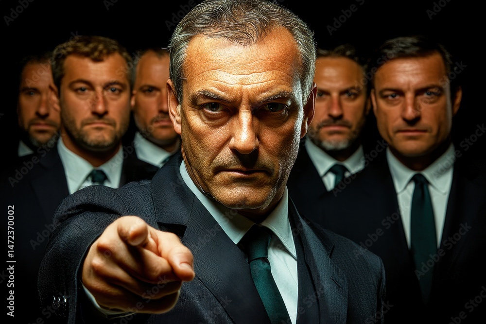 Aufkleber intense group of businessmen in dark suits pointing with serious expression facing the camera in a d