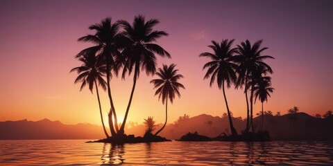 Dark silhouettes of palm trees against vibrant sunrise,  morning,  trees