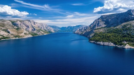 Obraz premium Stunning aerial view of a deep blue bay nestled between dramatic, rocky mountains under a vibrant summer sky. The tranquil water contrasts beautifully with the rugged coastline. : Generative AI