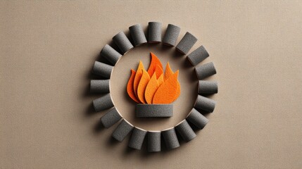 Illuminating Symmetry - Circular Composition of Felt Torch Icons with Tissue Flames on Beige Canvas