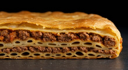 Traditional Greek pastitsio cross-section with meat and pasta layers on black background