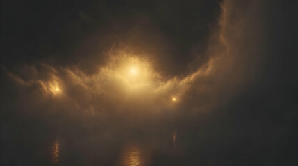 Ethereal Cosmic Lights Reflecting on Dark Cloudy Sky Surface