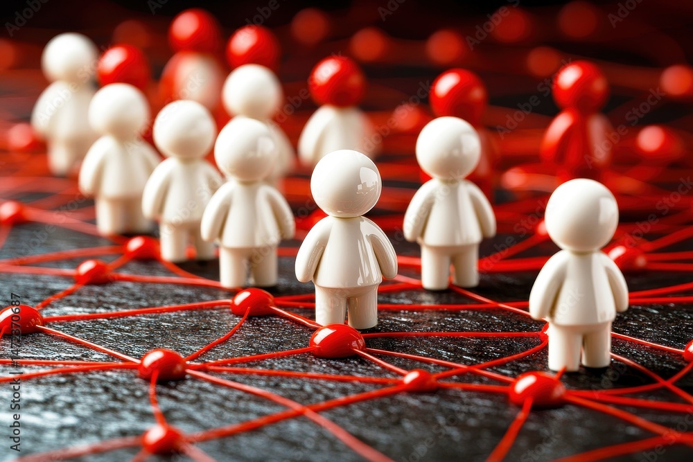 Poster white figures connected by red lines on a dark background illustrating networking, communication, re