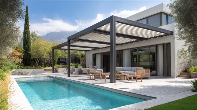 Contemporary home with pergola swimming pool and lush garden