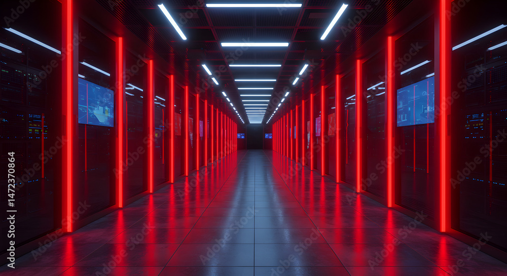 Poster futuristic data center interior with red neon columns and blue screen displays creating a cyberpunk 