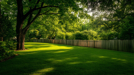 Lush Green Lawn with Trees and Fencing under Soft Morning Light