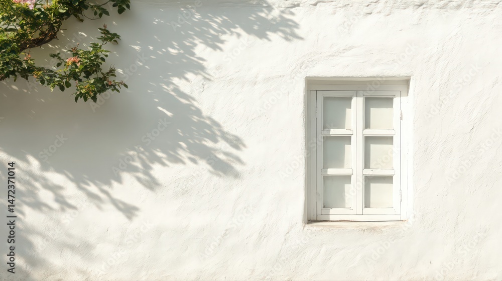 Poster whitewashed wall with small window and leaf shadows
