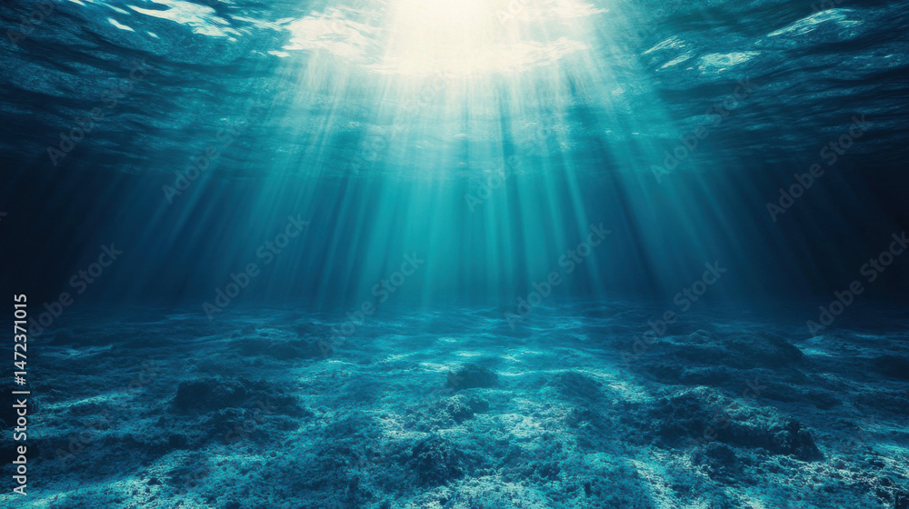 Poster Sunbeams Illuminate the Ocean Floor: A Deep Sea Scene with Rocky Texture and Teal Hues : Generative AI