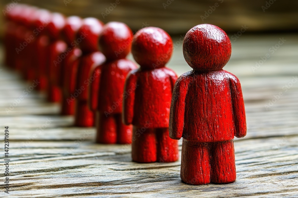 Poster red wooden figurines in a clean line arrangement on a rustic wooden surface for use in concepts of u
