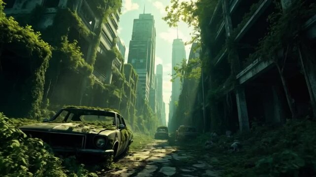 A car stuck on the road surrounded by weeds and buildings. Smooth repeating motion for background video animation.