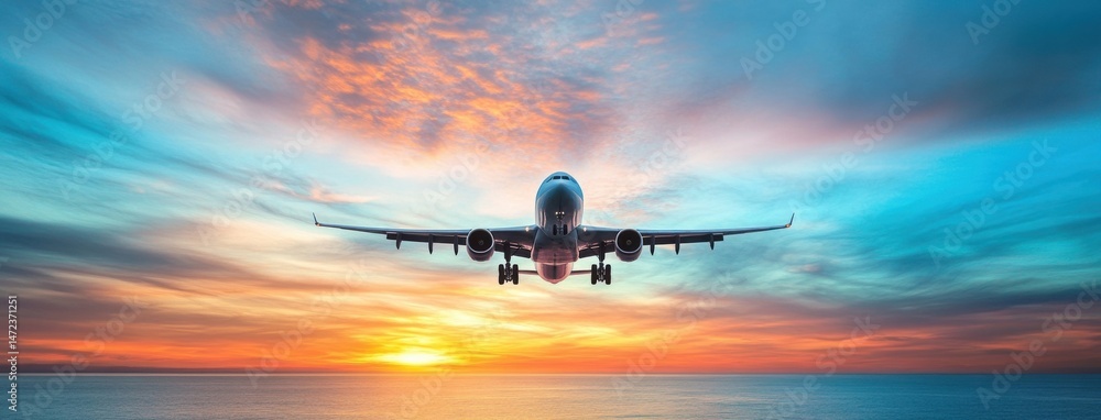 Poster airplane approaching for landing during a vibrant sunset over the ocean, showcasing a breathtaking s