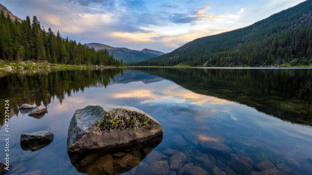 Poster serene mountain lake reflecting sunset sky, with a large rock in the calm water, surrounded by everg