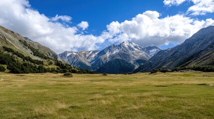 Fototapeta premium Majestic snow-capped mountains rise above a vast, tranquil valley meadow under a vibrant blue sky dotted with fluffy white clouds. : Generative AI