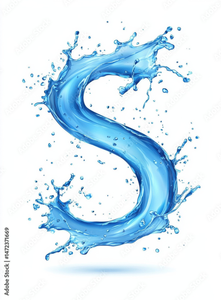 Poster dynamic water splash forming letter s: a vibrant, blue liquid letter s shape with dynamic splashes a