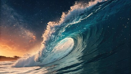 Dramatic wave crashing under a starry sky at sunset generating a powerful scene