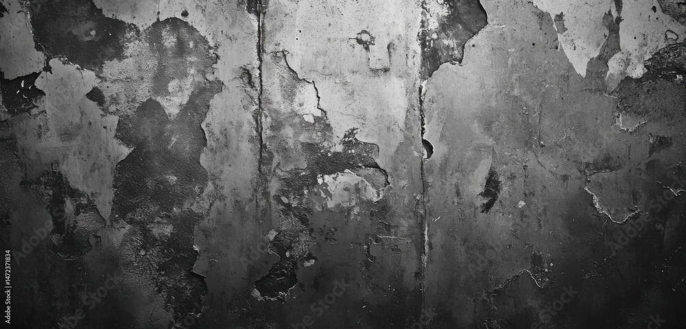 Poster a grayscale image depicting a weathered, distressed wall texture with peeling paint, showing various