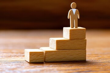 Wooden figure standing on blocks symbolizing business success, growth, achievement, and leadership in a motivational setting for corporate themes