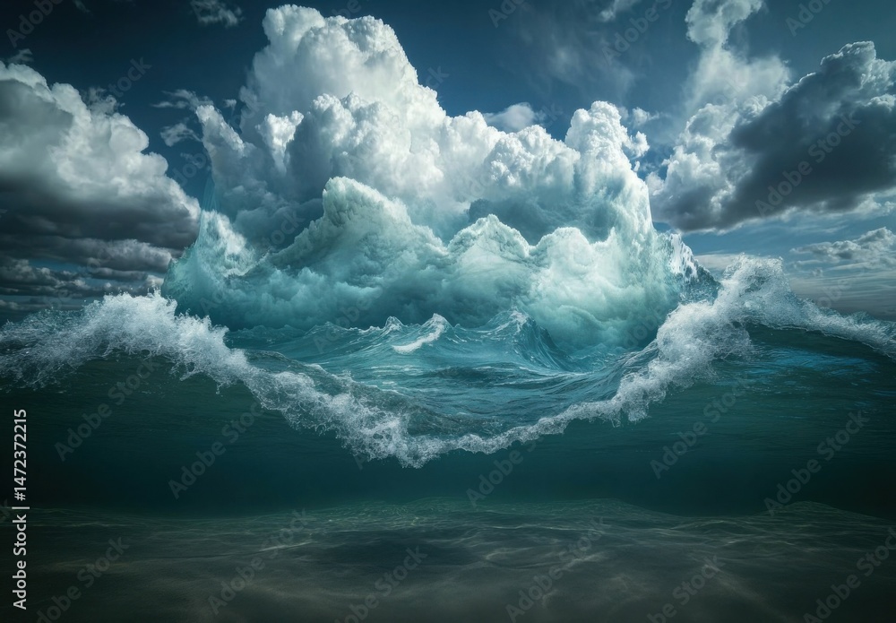 Poster A dramatic underwater view reveals a colossal wave mirroring a towering cumulonimbus cloud formation, creating a surreal, otherworldly seascape. : Generative AI