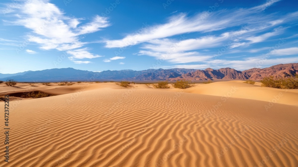 Aufkleber mesmerizing ripple patterns on desert sand dunes under a vibrant blue sky, with a majestic mountain 
